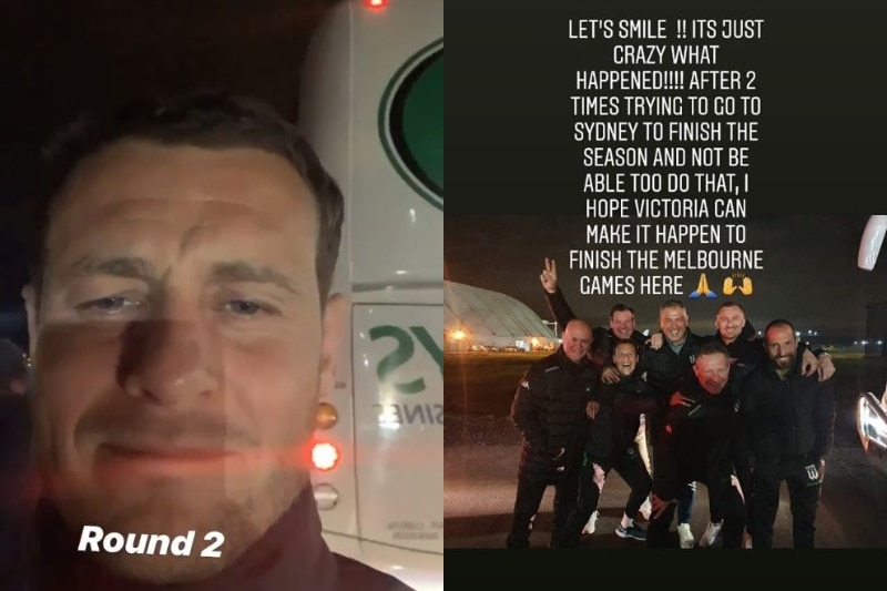 Composite of Alessandro Diamanti in selfie view with "round 2" super imposed in front of him and a group shot with text above.