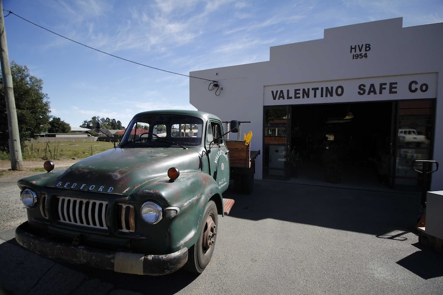 A green truck at the front of Valentino Safe Shop in Lilydale, north-east Tasmania.