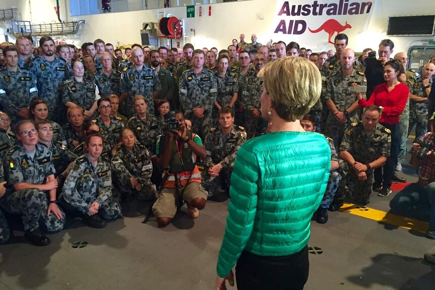 Julie Bishop addresses troops providing relief efforts in Fiji.