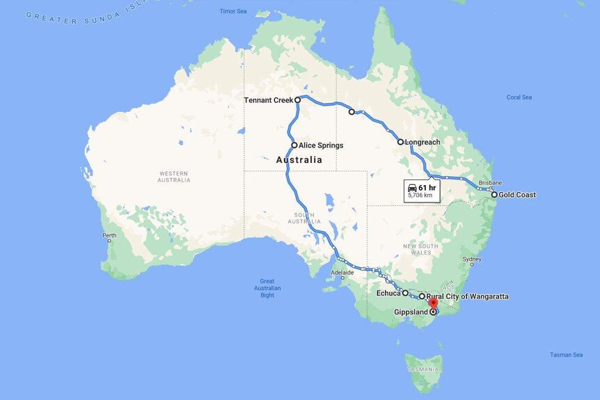 A map of Australia showing a journey from the Gold Coast, north-west to the NT, then south through Alice Springs and east to Vic