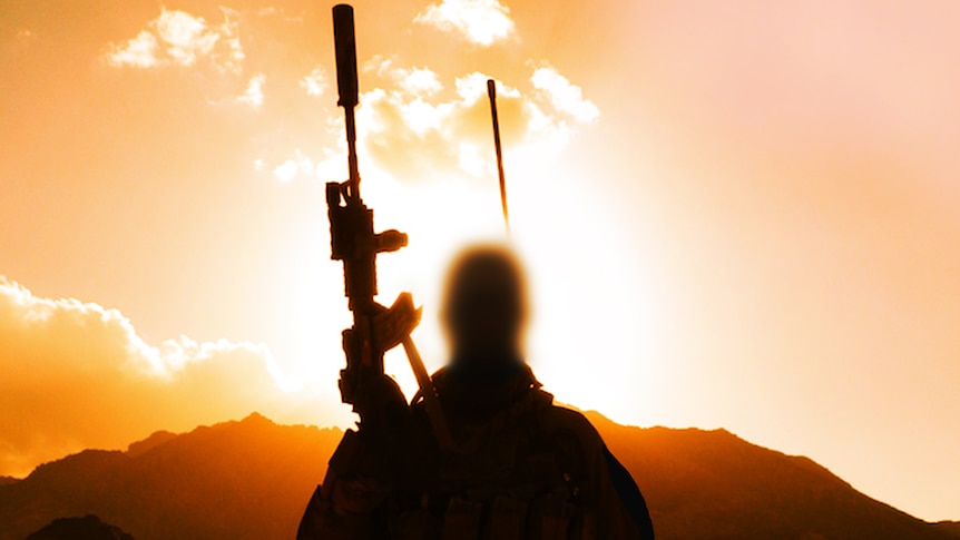 Silhouette of a soldier with a machine gun pointing to the sky.