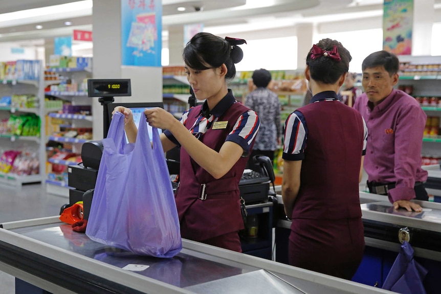A woman working behind a checkout at a grocery store in North Korea packaging items in a purple bag
