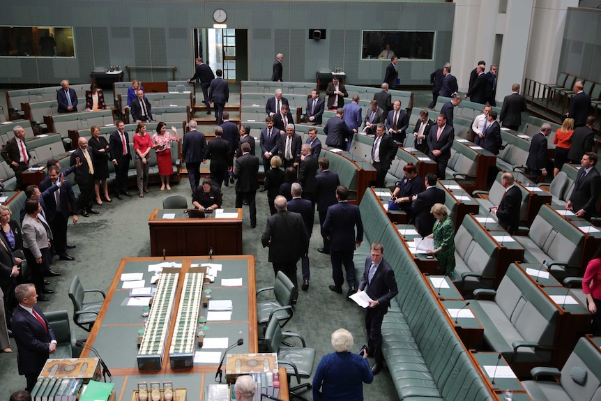 MPs from the Government side of the House of Representatives walk out after an early adjournment. Opposition MPs wave.