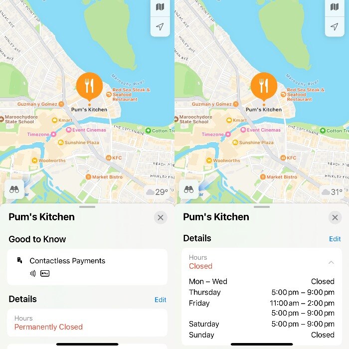 Two screen shots of opening hours on an app.