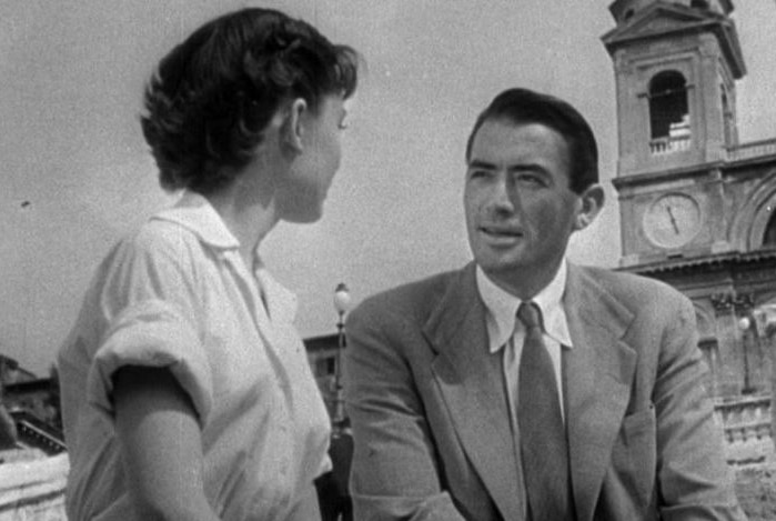 Gregory Peck and Audrey Hepburn in a scene from the film Roman Holiday.