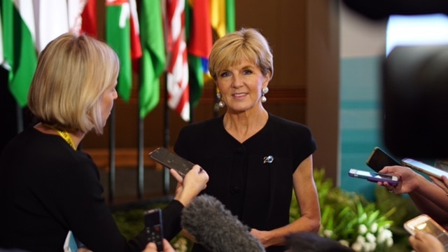 Foreign Minister Julie Bishop speaks to media on the sidelines of the Indian Ocean Rim Association summit in Jakarta, Indonesia.