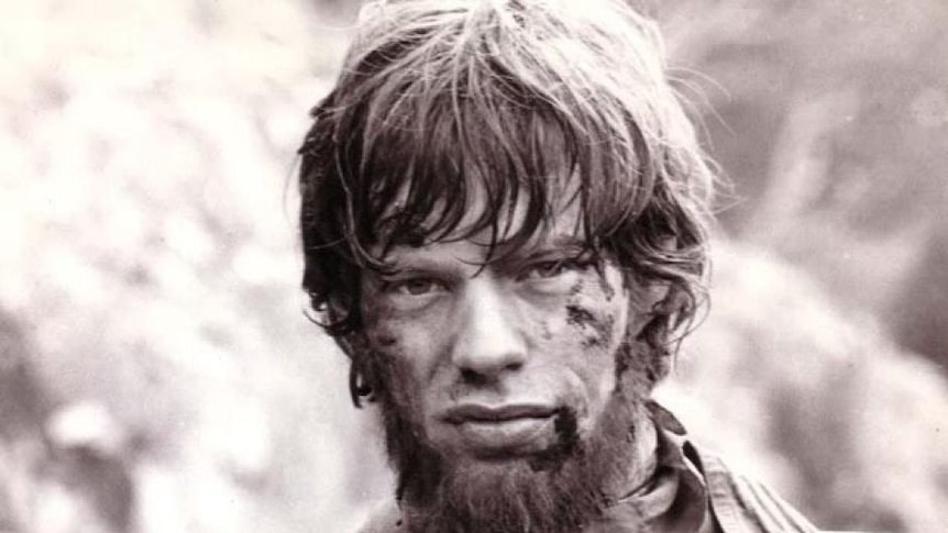 Mick Jagger's face as he stars in the 1970 Ned Kelly film.