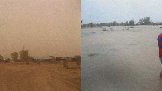 two photos showing same rural scene in drought, then in flood.