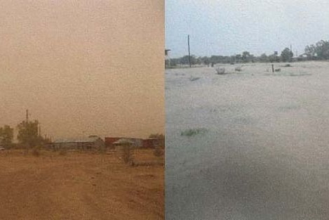 two photos showing same rural scene in drought, then in flood.