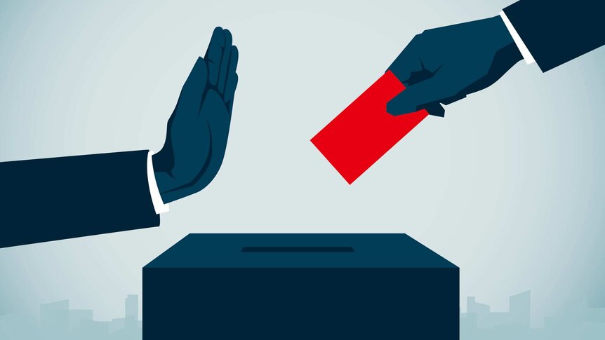 illustration of hand on right holding vote over ballot box and a hand on left refusing the vote