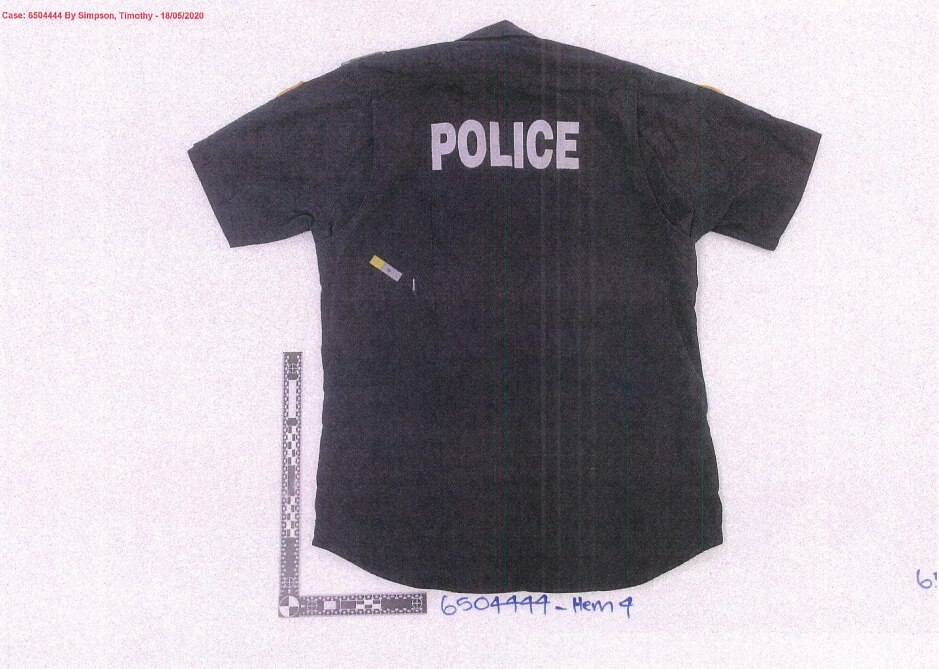 A photograph of Constable Zachary Rolfe's police uniform shirt tendered to the NT Supreme Court in his trial.
