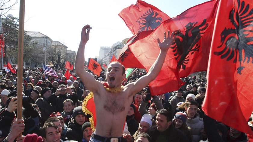 Kosovo's Albanians celebrate in the centre of Pristina.