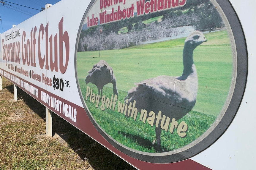 The sign shows a photo of the geese and says 'play golf with nature'