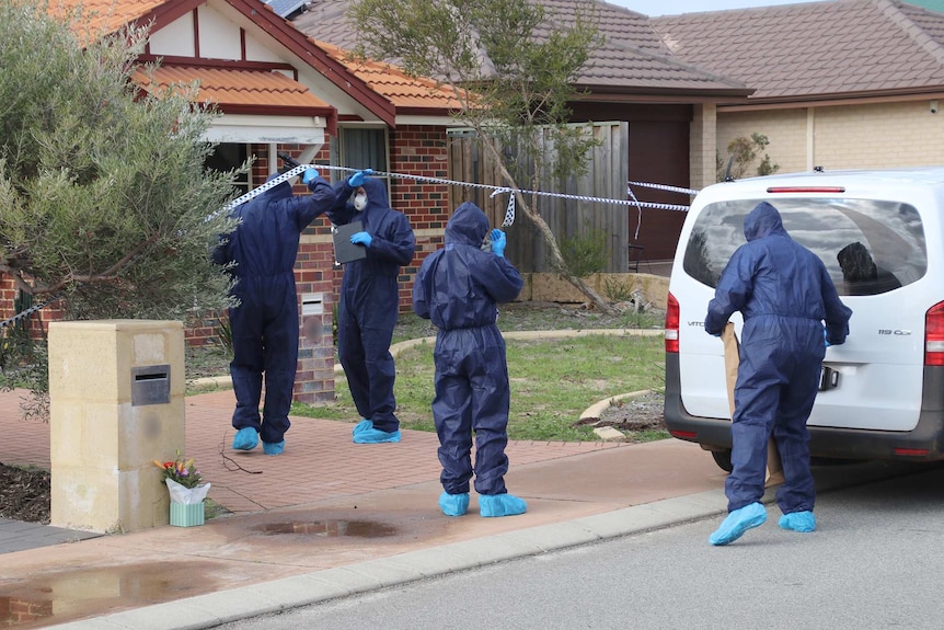 WA Police forensic officers enter a cordoned-off house on Brixton Avenue in Ellenbrook dressed in blue jumpsuits.