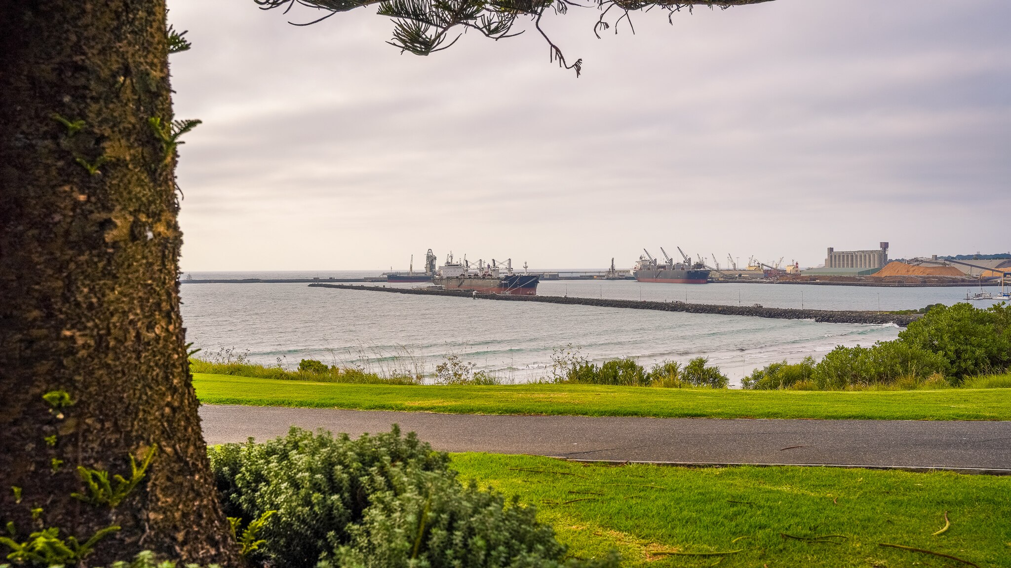 A large ship sits in a harbour early in the morning.