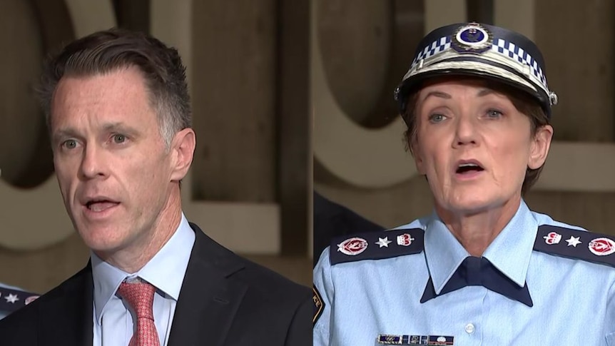 Composite image of NSW Premier Chris Minns and a police officer at a media conference.