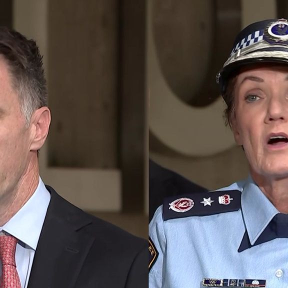 Composite image of NSW Premier Chris Minns and a police officer at a media conference.