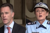 Composite image of NSW Premier Chris Minns and a police officer at a media conference.