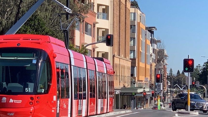 A tram approaching a notorious intersection in Newcastle.