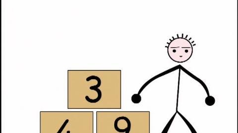 Stick figure besides square blocks with numbers