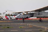 The Solar Impulse 2, a solar powered airplane, landed at Kalaeloa Airport Hawaii on July 3, 2015.