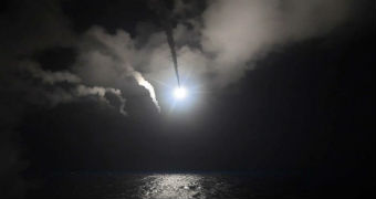 The Tomahawk cruise missile is seen launched from the USS Porter vessel.