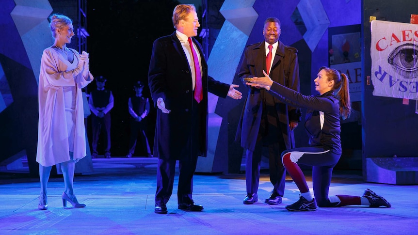 Donald Trump-like Julius Caesar (centre left) and Melania Trump-like Calpurnia (left) during a dress rehearsal