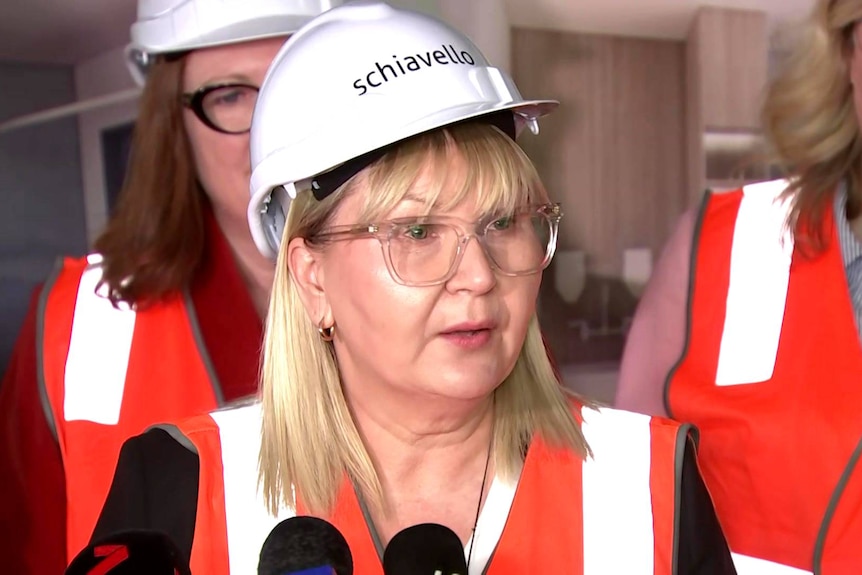 A woman in a hardhat speaks to the media.