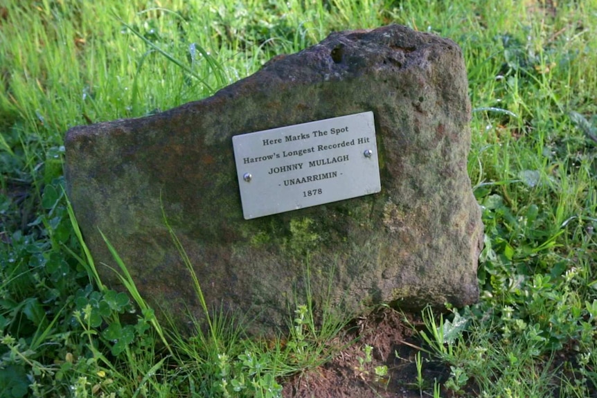 Harrow's longest recorded cricket hit marked by a rock.  Struck by Johnny Mullagh (Unaarrimin) in 1878