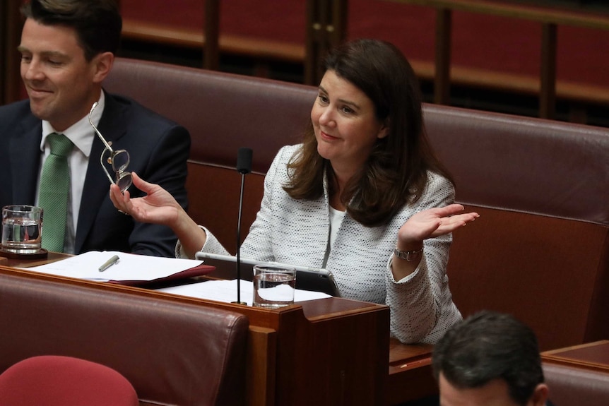 Jane Hume shrugs as she looks across the Senate