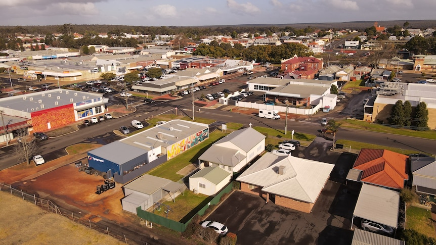 An aerial shot of a country town.