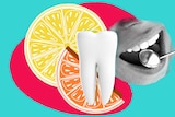 A collage of a tooth, lemon slice, orange wedge and mouth being inspected by a dentist for article about acidity in drinks