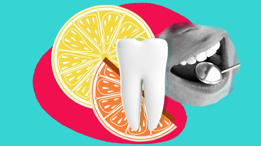 A collage of a tooth, lemon slice, orange wedge and mouth being inspected by a dentist for article about acidity in drinks