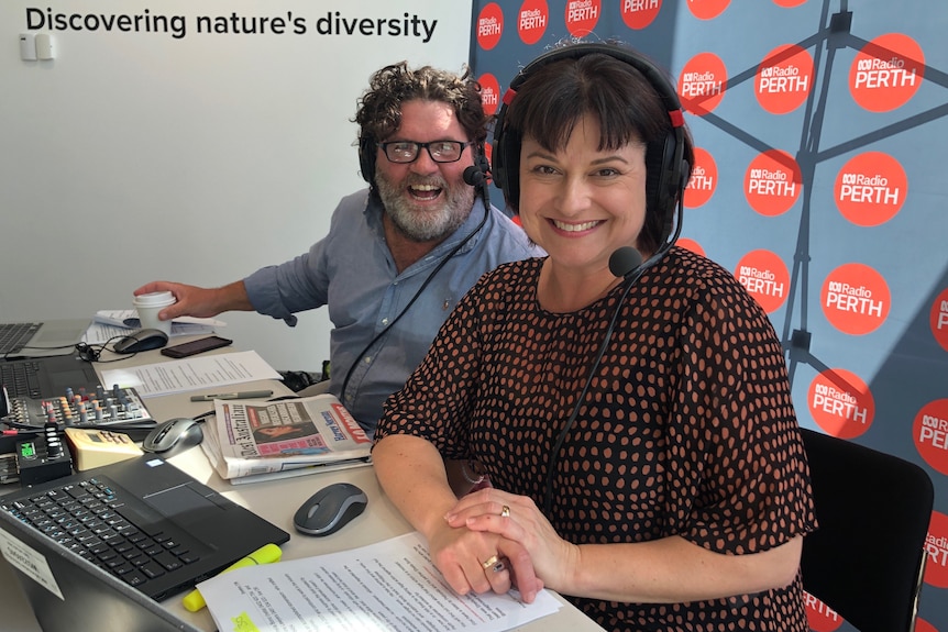 Russell and Nadia are having fun in the ABC Perth studio.