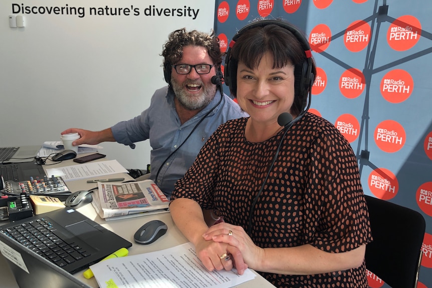 Russell and Nadia having fun in the ABC Perth studio.