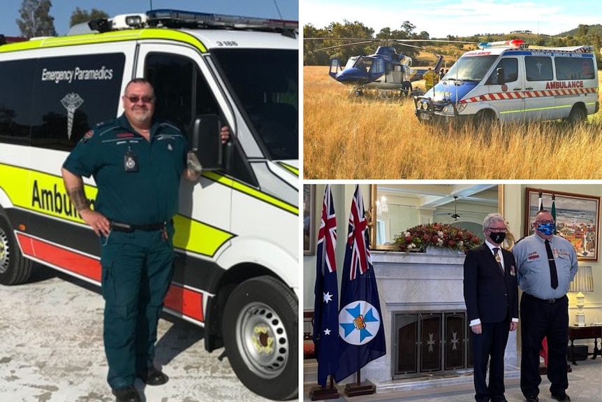 A collage of Peter Solomon with an ambulance, out on a rural rescue job, and standing next to a government official.