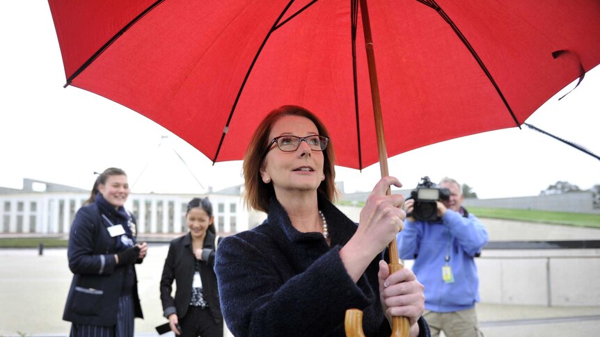Prime Minister Julia Gillard arrives for a post-budget television interview.