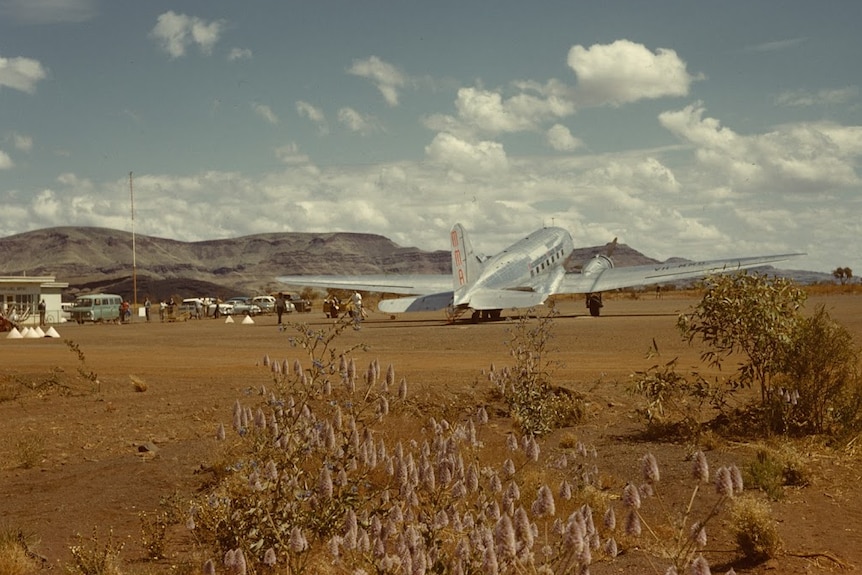A large silver plane on a dusty runway with purple flowers in the foreground.