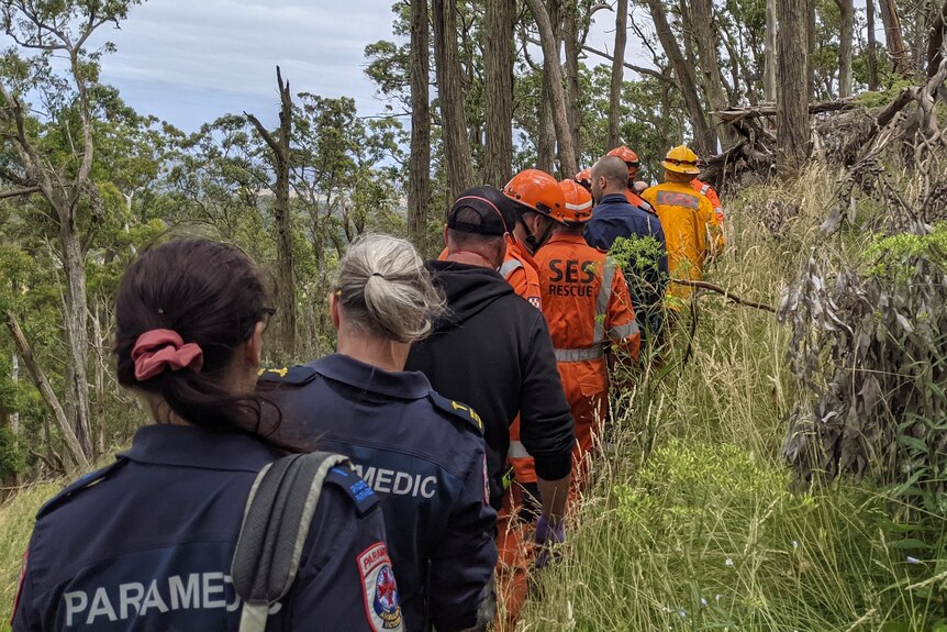 Eight or nine first responders from Victoria's emergency services walking up a mountain track in bushland near Buninyong.