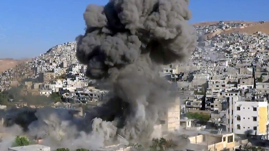 A bomb falls on the Damascus suburb of Barza