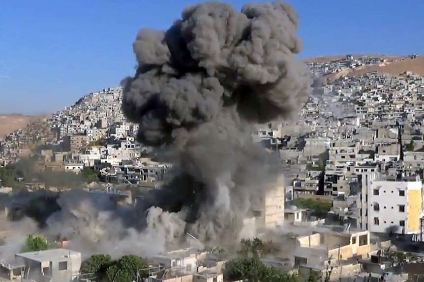 A bomb falls on the Damascus suburb of Barza