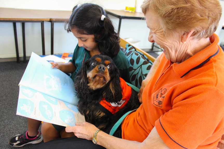 Dougal the dog with his owner Val and student Evelyn.