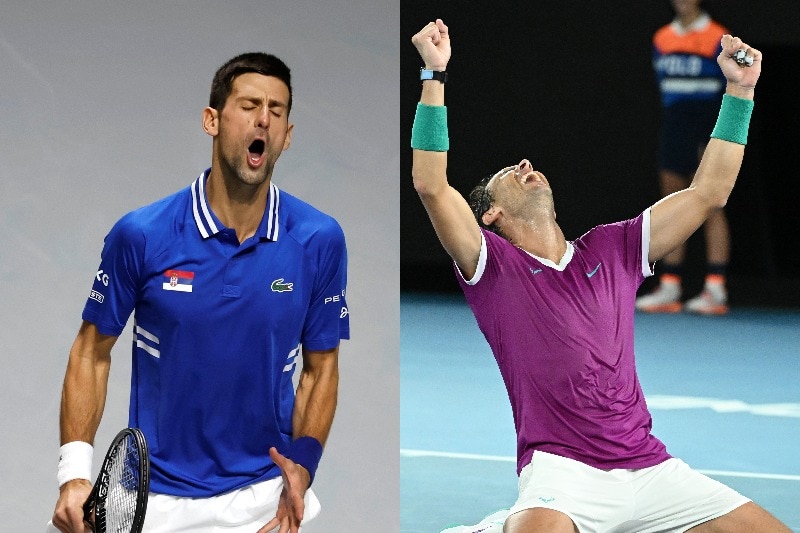 A composite image of tennis players novak djokovic and rafael nadal. djokovic looks aghast, nadal looks elated