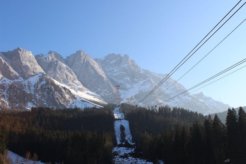A view of the cable car line to Germany's tallest mountain, taken from the bottom