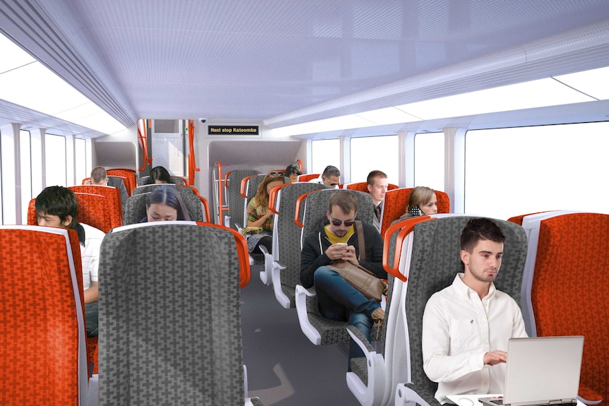 An artists impression of people sitting on a train.
