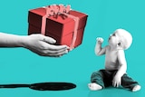 Outstretched hands gifting a big present to a baby