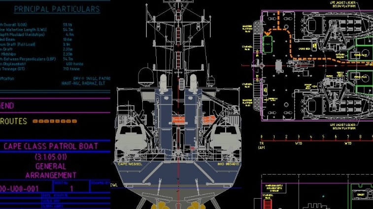 A composite image of Austal design files showing different boats.