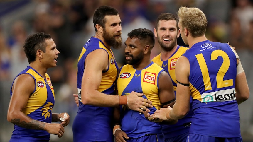 West Coast's Josh Kennedy is congratulated after a goal