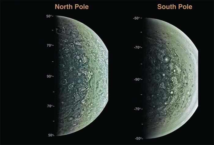 An image of the north and south poles of Jupiter, taken from the Juno spacecraft.