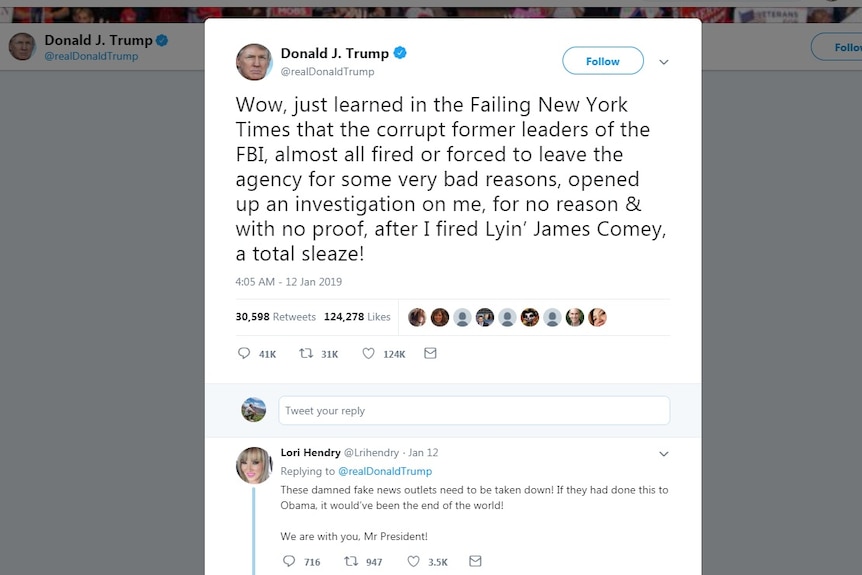 A screenshot of a Donald Trump tweet about the New York Times with a reply from a person called Lori Hendry.